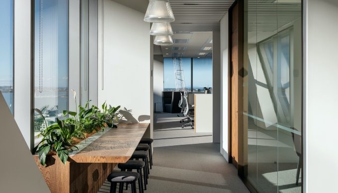 breakout bench space in office with grey carpet
